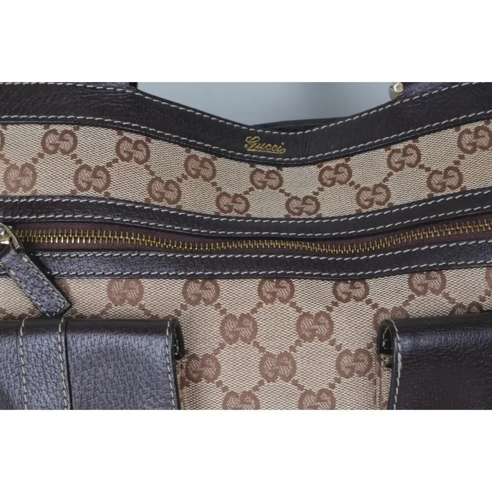 Vintage GUCCI GG Monogram Canvas Abbey D-Ring Pocket Tote Bag Brown Leather